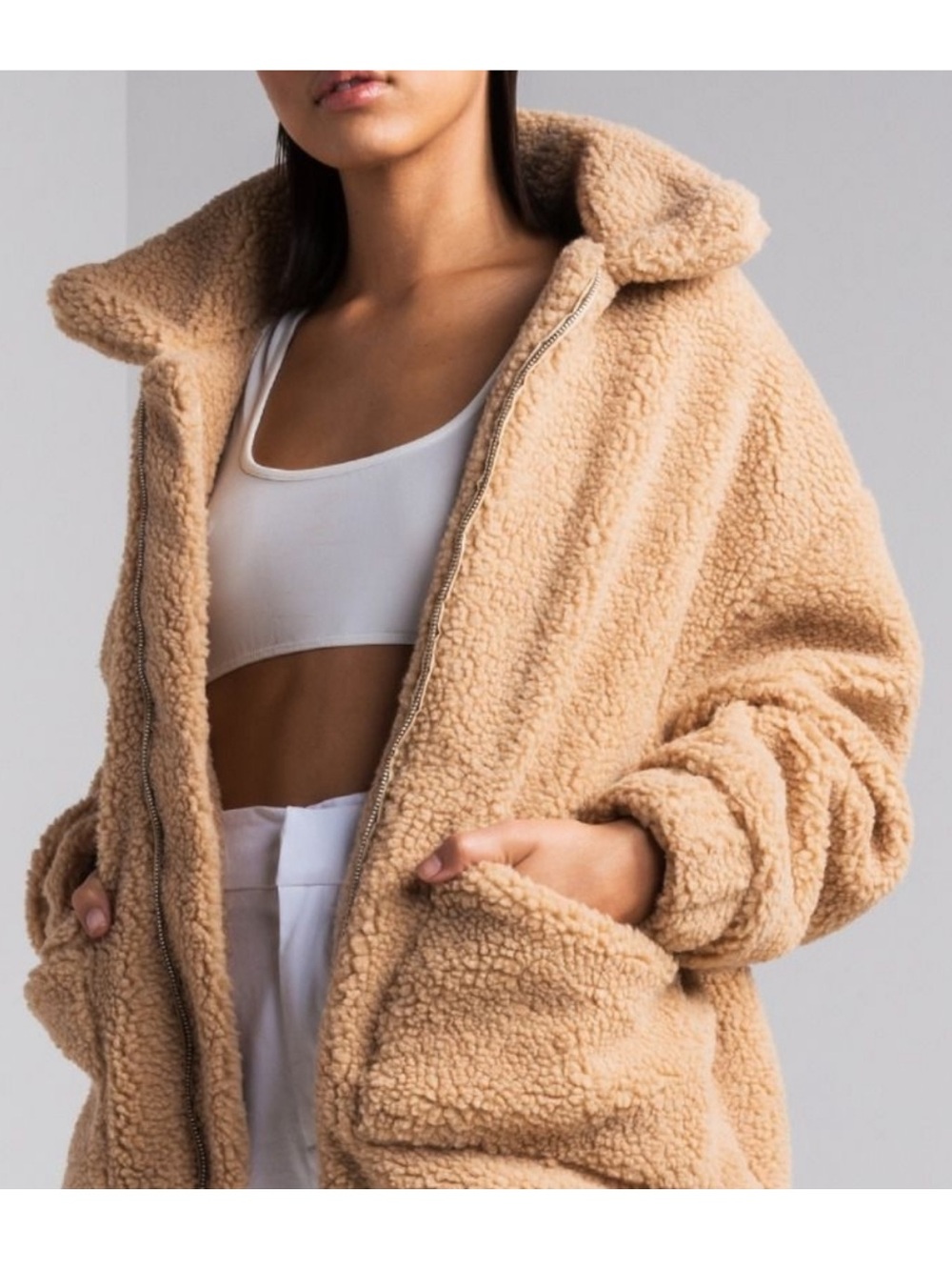 I Am Gia Pixie Faux Sherpa Jacket Beige Women’s Sz M Full Zip Pockets